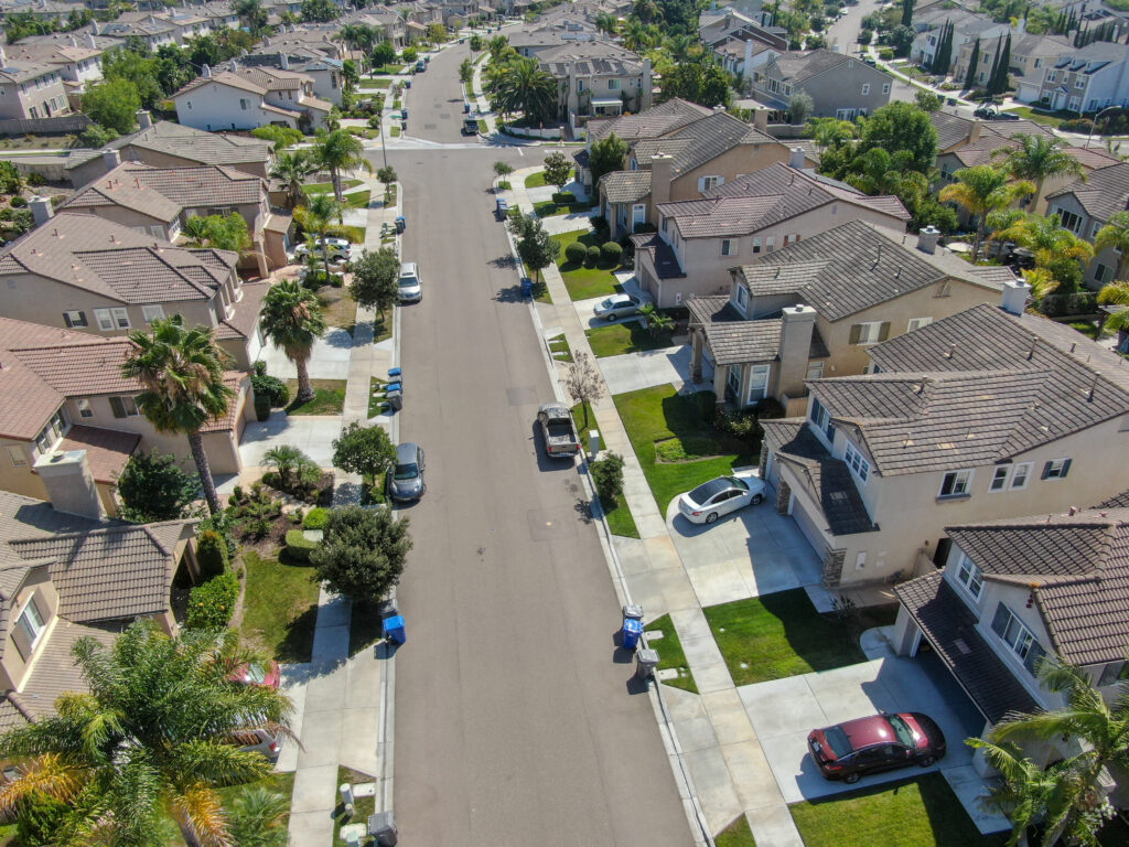 Aerial view showcasing an American suburban neighborhood.